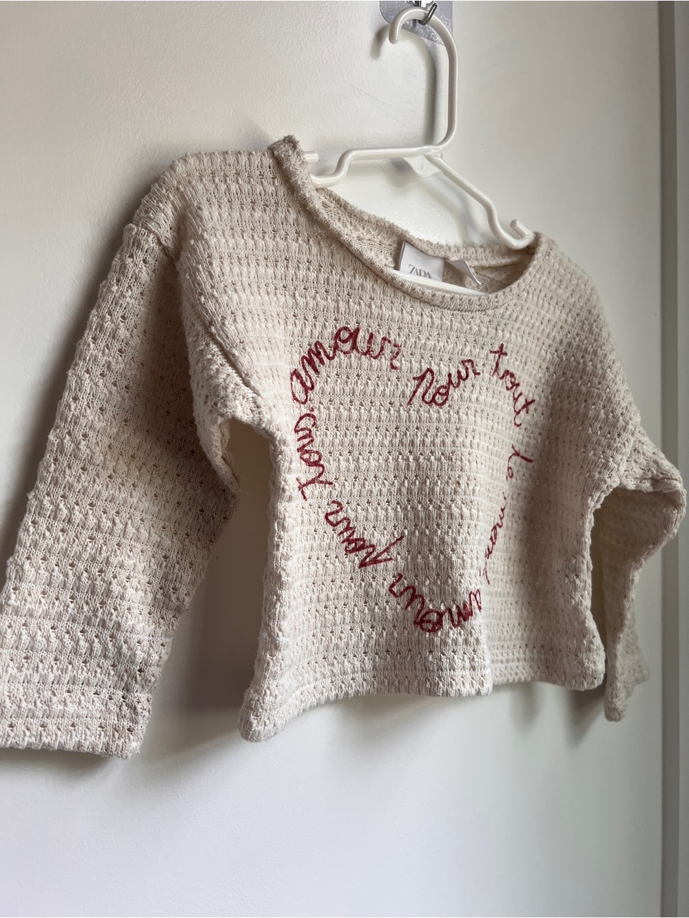 ZARA Baby Knit Heart Graphic Sweater | 9-12 Months | Cream Long Sleeve